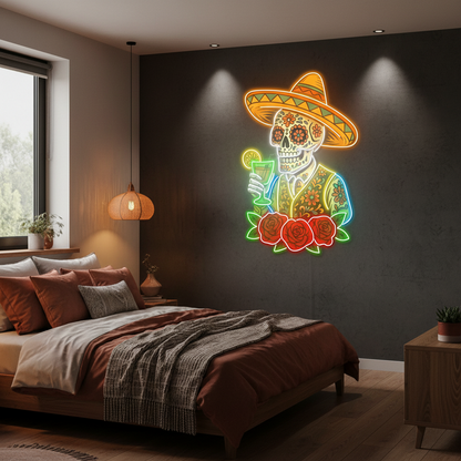 Mexican Skeleton Cocktail Neon Sign – Tequila Lounge and Bar Wall Decor for Martini Lovers, Parties and Bold Southwestern Nightlife Ambience