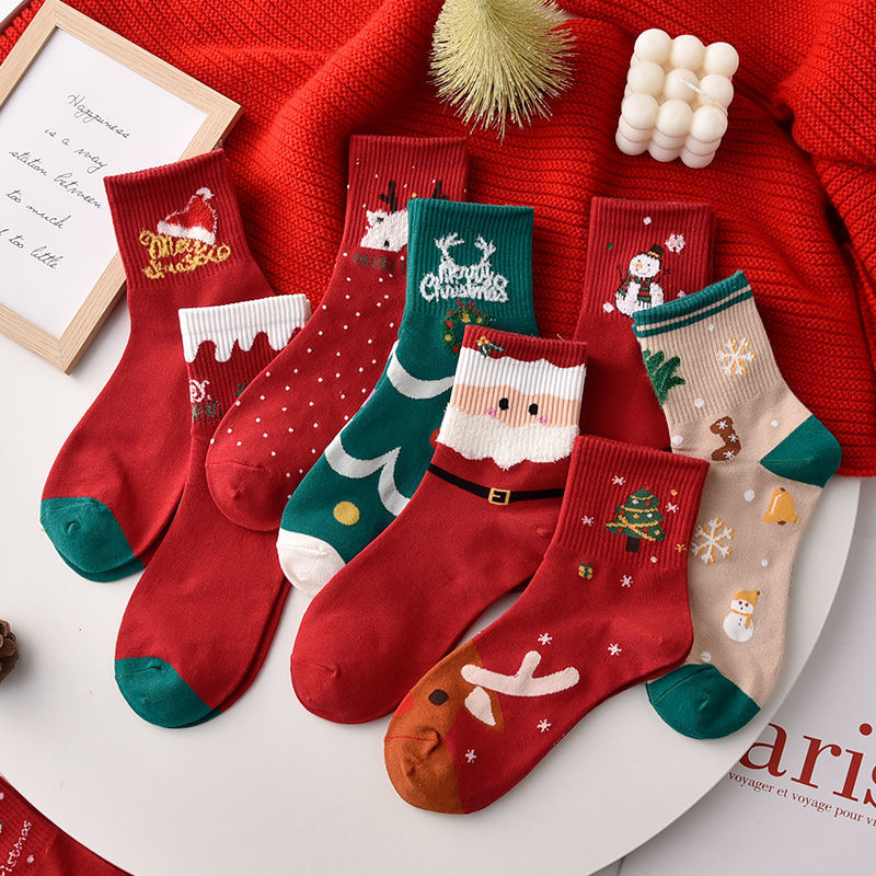 Cotton Christmas Socks Ornament Set – Pairs Santa & Reindeer Pattern Socks for Kids & Adults, Xmas Gifts, New Year Party Decorations