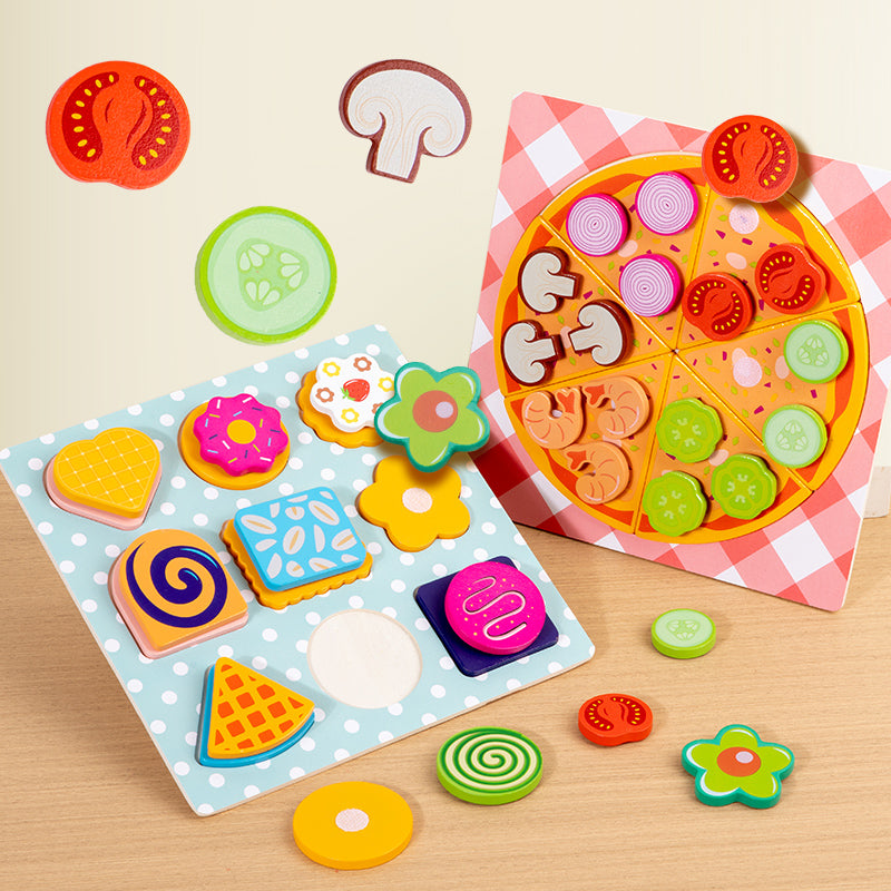 Wooden Donut Pizza Cookie Puzzle Set – Pretend Food Educational Toy for Kids with Matching, Sorting and Creative Kitchen Roleplay Fun