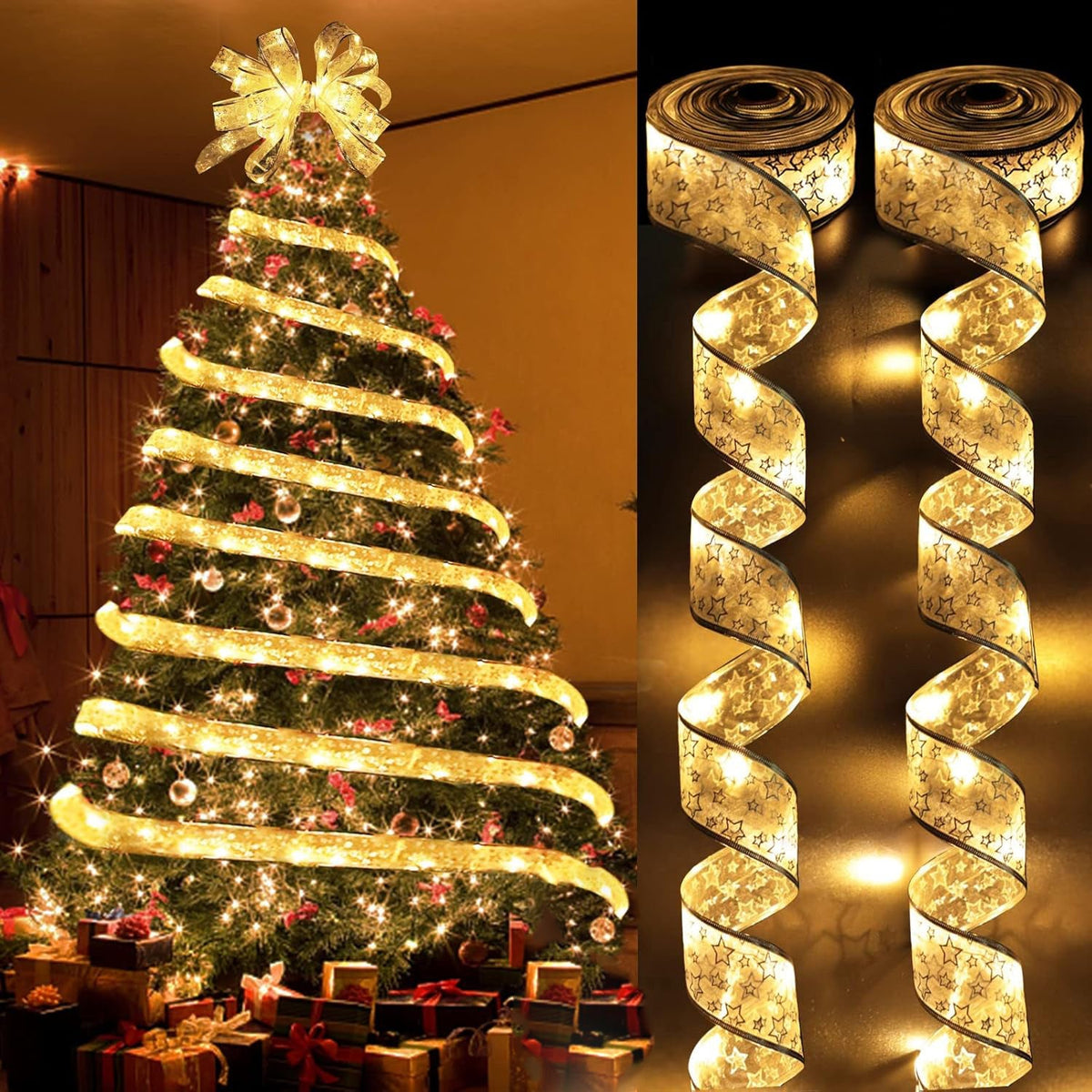Christmas Ribbon Fairy String Lights – DIY Decorative Bow Lights for Christmas Trees, Holiday Home Decorating, Xmas and New Year Seasonal Ornament