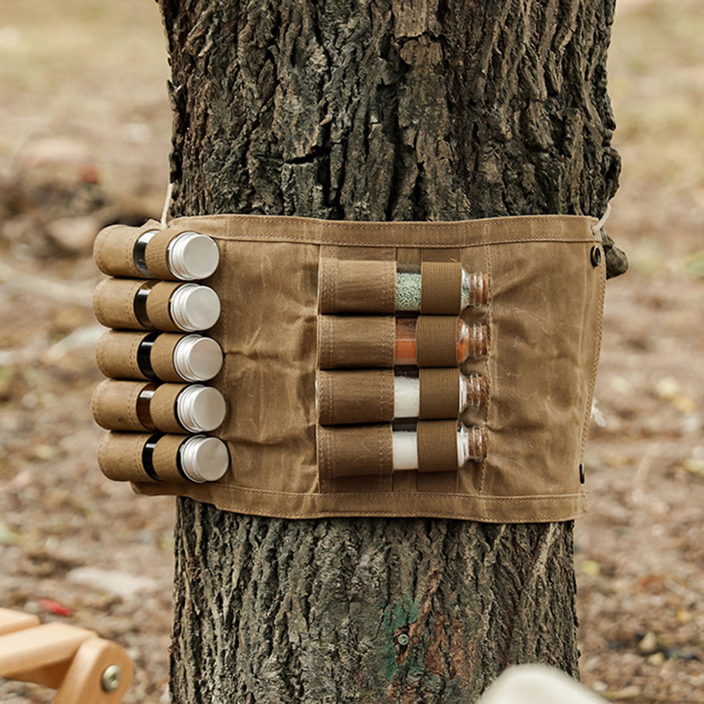Foldable Waterproof Canvas Bag for Spice Bottle Set –  Outdoor Spice Bottle Holder with Large Capacity for Camping, BBQ & Hiking Adventures