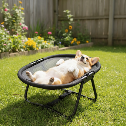 Foldable Elevated Pet Bed – Portable Breathable Mesh Cat and Dog Chair with Soft Flannel Cushion for Garden Outdoor and Travel