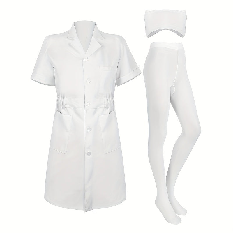 White Women’s Nurse Costume Set – Medical Lab Coat Dress with Cap and Pantyhose Halloween Cosplay Outfit