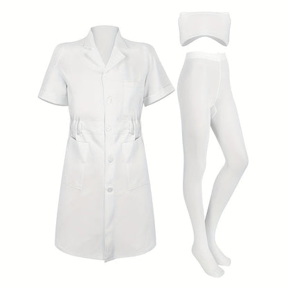 White Women’s Nurse Costume Set – Medical Lab Coat Dress with Cap and Pantyhose Halloween Cosplay Outfit