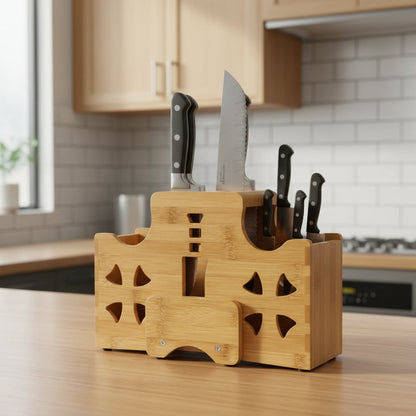 Solid Wood Kitchen Knife Holder Rack – Multifunctional Countertop Storage Organizer for Knives, Chopsticks, Utensils and Modern Kitchen Organization