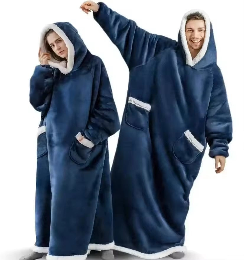 Giant Wearable Blanket Hoodie – 180cm Oversized Flannel Pajamas with Sleeves and Hood for Men and Women, Warm Winter Loungewear