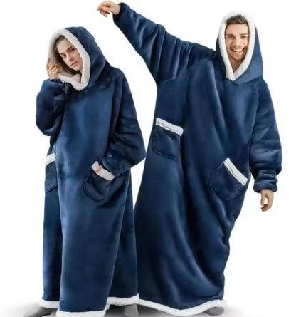 Giant Wearable Blanket Hoodie – 180cm Oversized Flannel Pajamas with Sleeves and Hood for Men and Women, Warm Winter Loungewear
