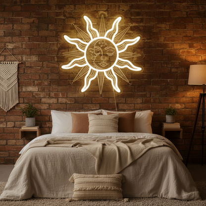 Bohemian Sun and Moon Neon Sign – Retro LED Wall Light with Burning Sunflower Design for Bedrooms, Living Rooms and Artistic Home Decor