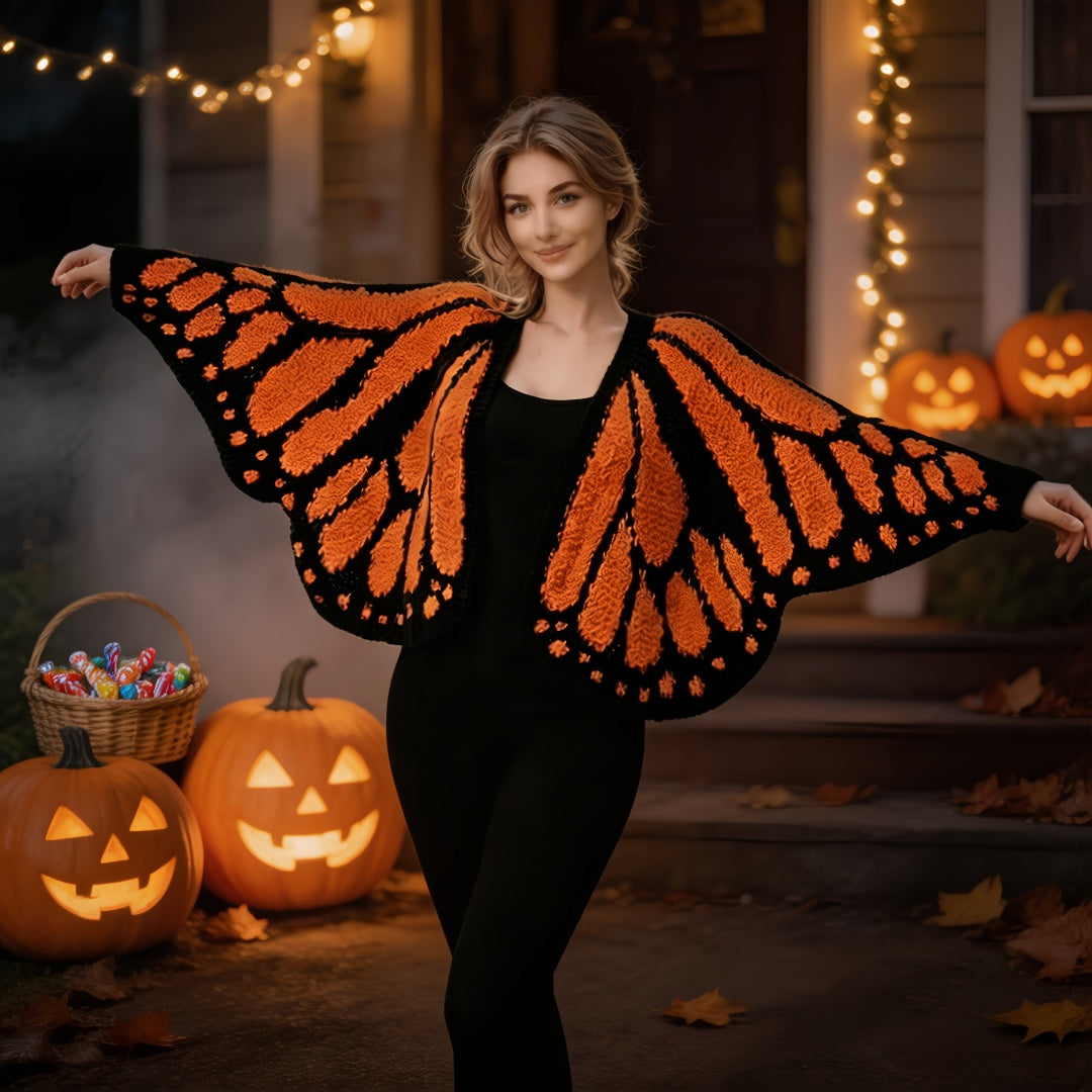 Butterfly Wing Knit Cardigan – Women's Cropped Monarch Print Sweater with Long Sleeves, Open Front Y2K Korean Fashion Styling