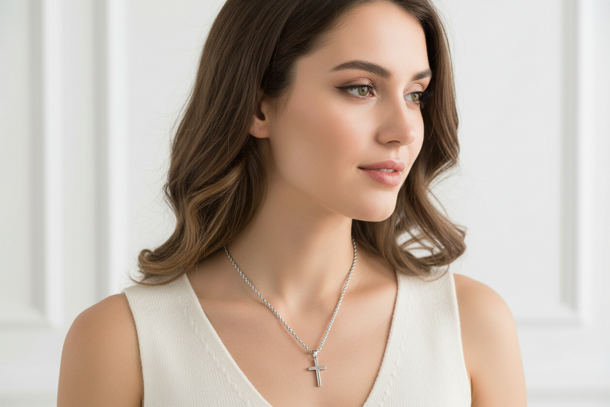 Stainless Steel Cross Necklace – Minimalist Gold Tone Pendant Jewelry for Men and Women, Stylish Everyday Choker Gift Accessory