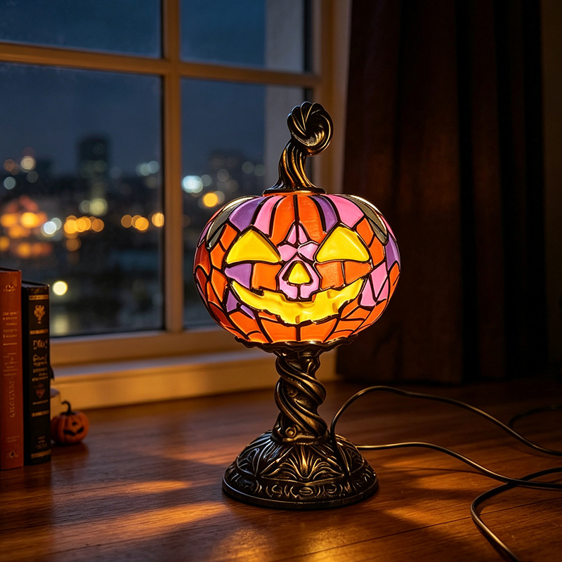 LED Jack-O-Lantern Pumpkin Lamp – Spooky Resin Halloween Table Light for DIY Holiday Decor, Parties, Home Displays and Haunted Atmosphere