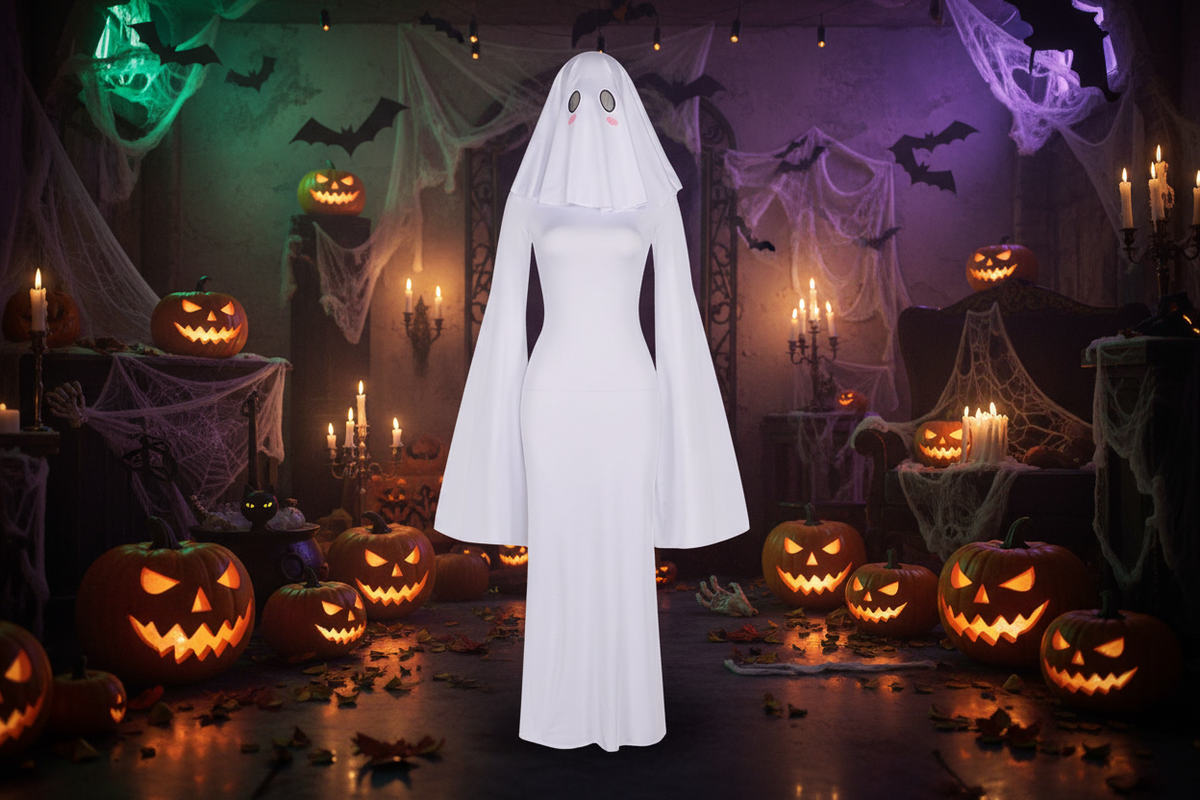 Anime Ghost Bride Costume – Cute White Fitted Dress with Mask for Women, Halloween Carnival Cosplay, Parties and Spooky Character Styling
