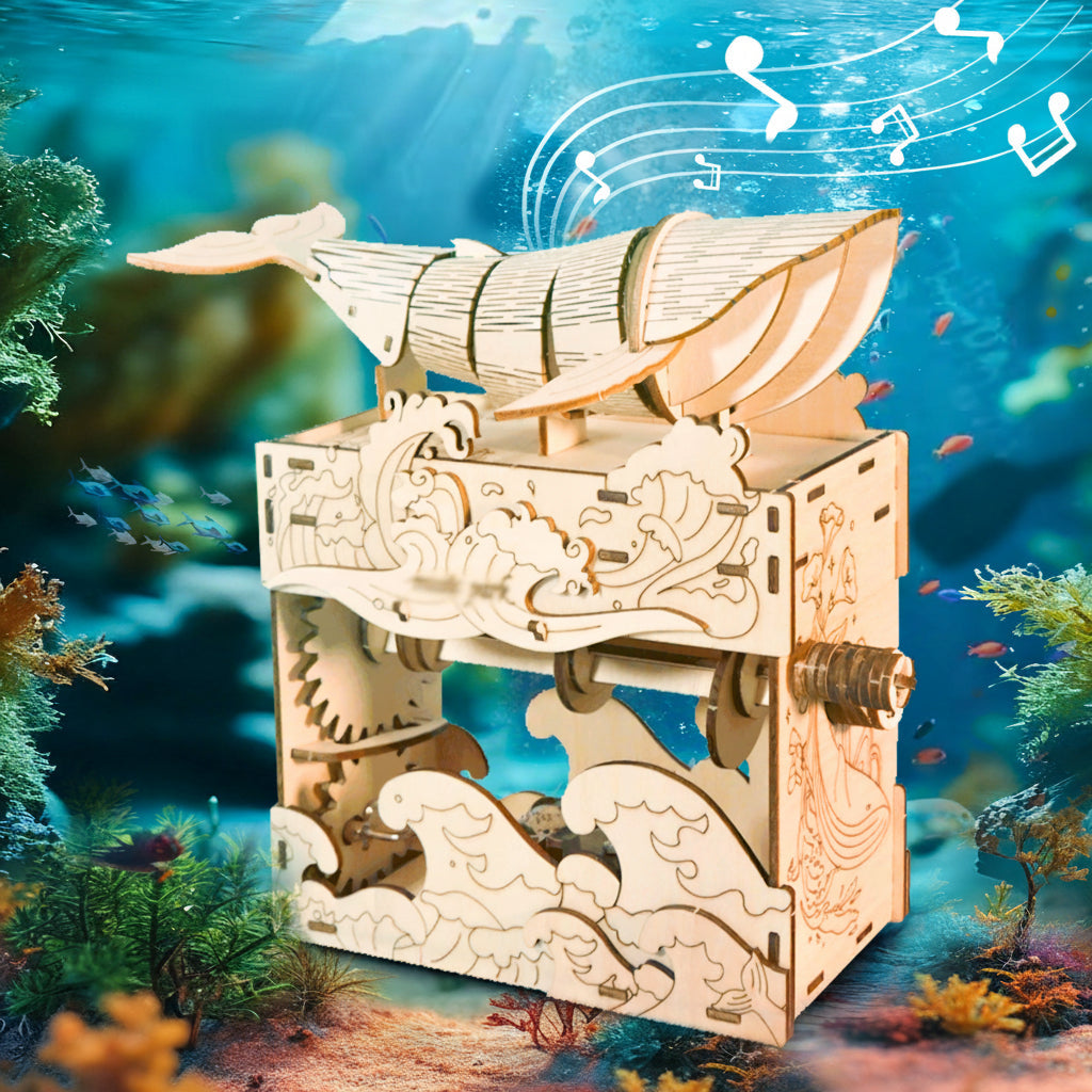 3D Wooden Whale Music Box Puzzle- Handmade DIY Seaside Assembly Model Kit for Birthday Christmas and Creative Home Decoration