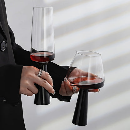 Retro Black Pillar Glassware Set – Handmade Round Wine, Champagne, Mojito and Cocktail Glasses for Stylish Parties, Gifts and Home Bars