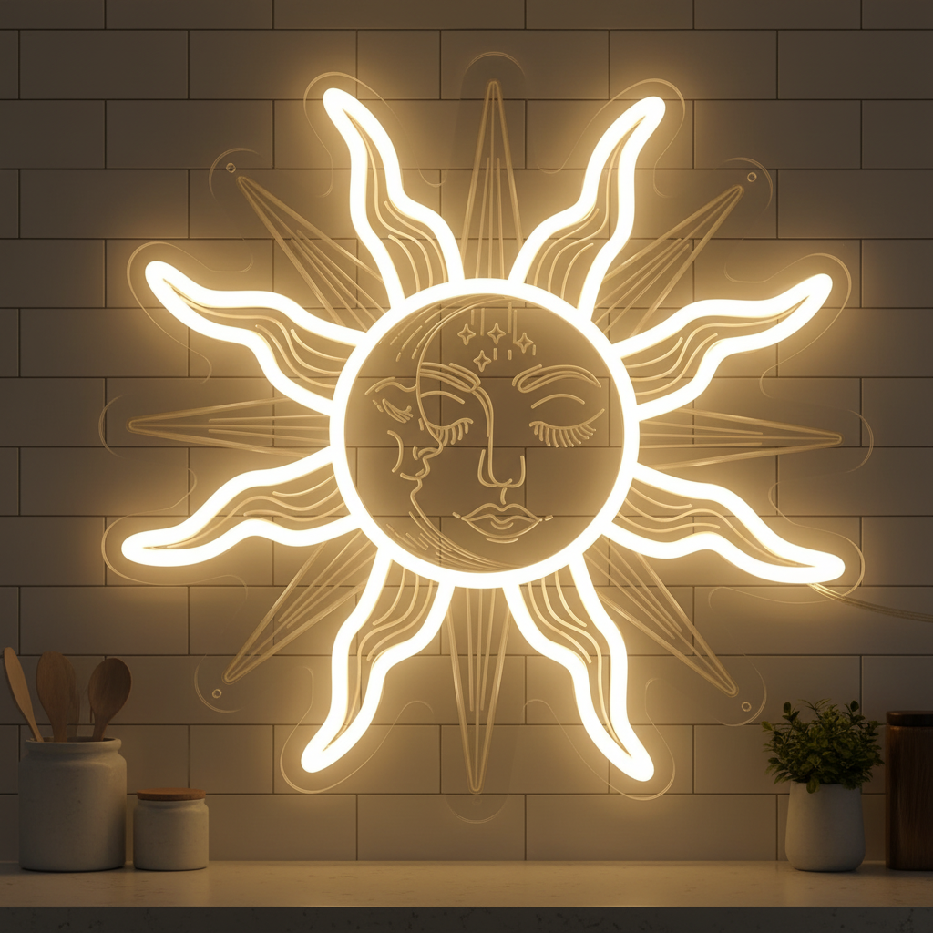 Bohemian Sun and Moon Neon Sign – Retro LED Wall Light with Burning Sunflower Design for Bedrooms, Living Rooms and Artistic Home Decor