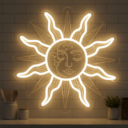 Bohemian Sun and Moon Neon Sign – Retro LED Wall Light with Burning Sunflower Design for Bedrooms, Living Rooms and Artistic Home Decor