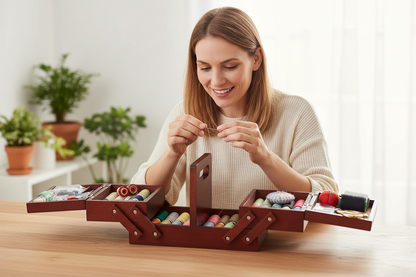 Wooden Sewing Box – Expandable Embroidery Storage Basket with Handle for Sewing Supplies, Threads, Needles and Portable Craft Organization