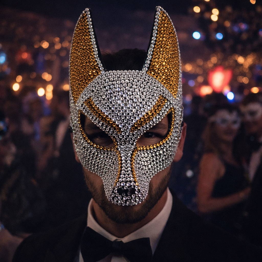 Luxury Rhinestone Wolf Mask – Sparkling Animal Half-Face Masquerade Accessory for Halloween, Costume Balls, Festivals and Dramatic Party Looks