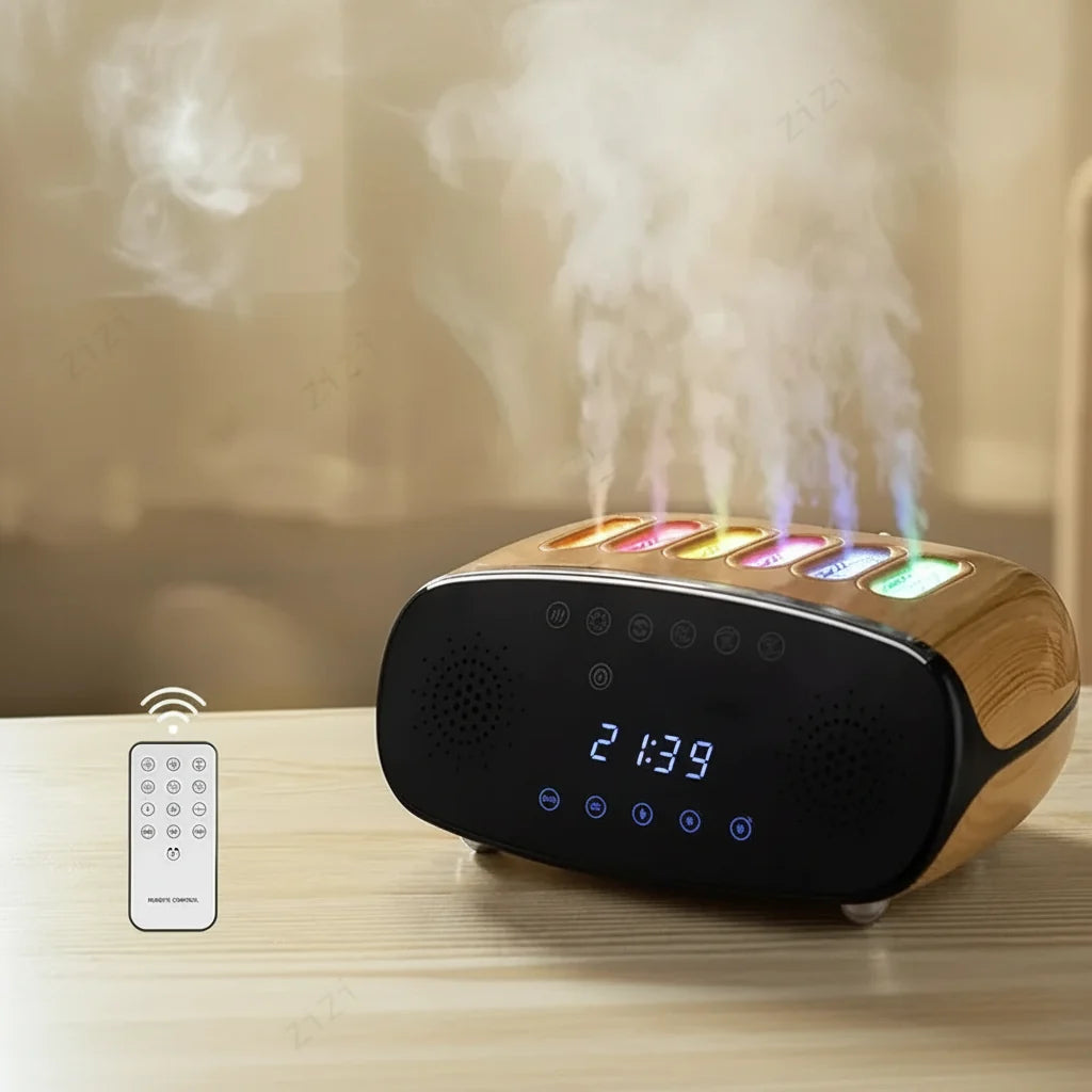 Bluetooth Speaker Humidifier – Dynamic Pickup Clock Mist Diffuser with Ambient RGB Lighting for Bedroom and Office Relaxation