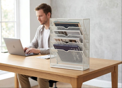 Mesh File Organizer - 5-Tier Steel Desktop and Wall Mount Document Holder for Letters, Mail and Files