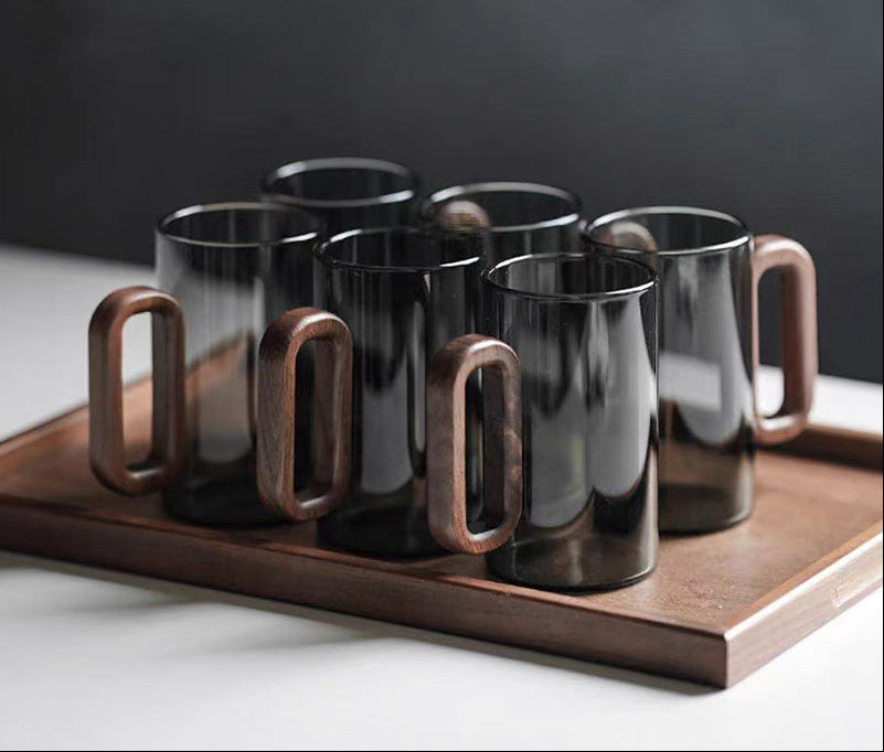 Heat-Resistant Glass Mug Set – Transparent Teacups with Wooden Handles for Coffee, Milk, Juice, Breakfast, Home Entertaining and Elegant Party Drinkware