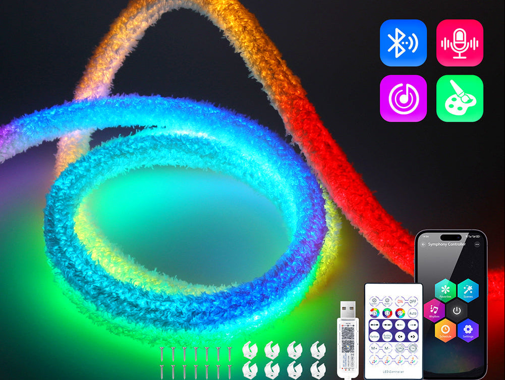 Fluffy Velvet RGB Neon Tube Light – 360° WS2812B USB LED Strip with Bluetooth Remote for Waterproof Ambient Home Decor