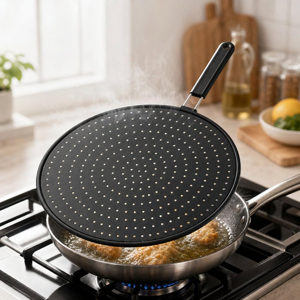 Silicone Kitchen Splatter Screen – Heat-Resistant Oil Splash Guard with Handle and Drain Board Function for Safer, Cleaner Frying and Cooking