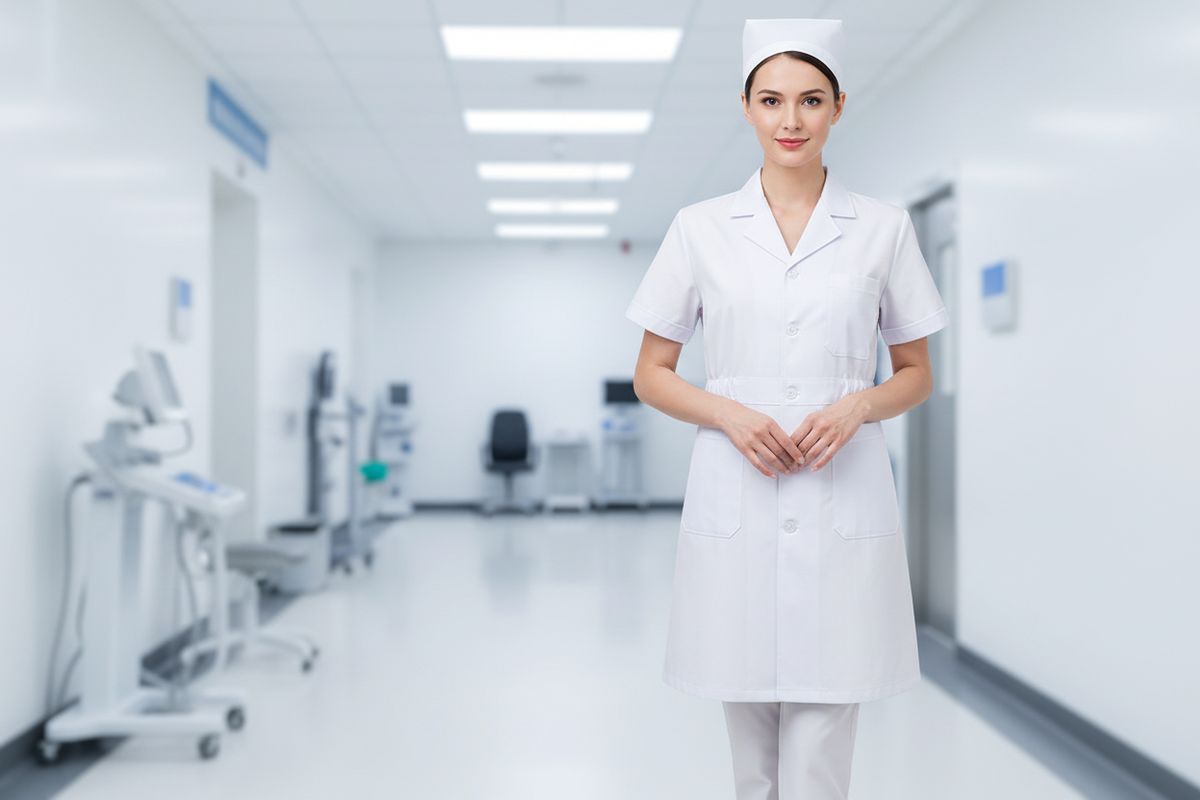 White Women’s Nurse Costume Set – Medical Lab Coat Dress with Cap and Pantyhose Halloween Cosplay Outfit