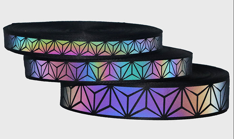 Rainbow Reflective Webbing Tape – High-Visibility Nylon Geometric Sewing Trim for Clothing, Bags, Costumes and Creative Safety Accent Projects