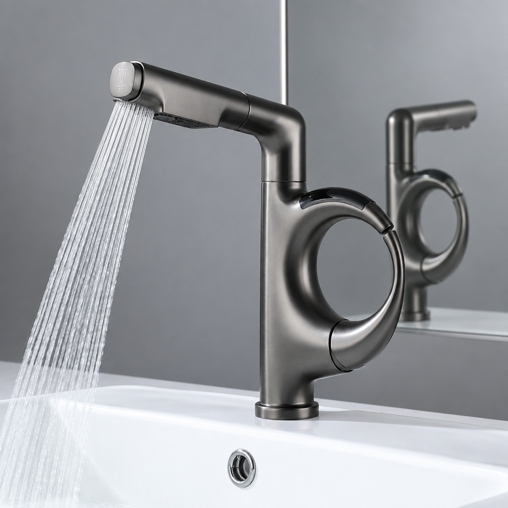 LED Temperature Display Kitchen Faucet – Mechanical Arm Mixer with Pull-Out Sprayer, Adjustable Height and Dual Water Modes for Modern Sinks