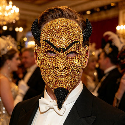 Crystal Horned Devil Mask – Rhinestone Full-Face Demon Costume Accessory for Halloween, Masquerade Balls, Festivals and Bold Gothic Party Looks