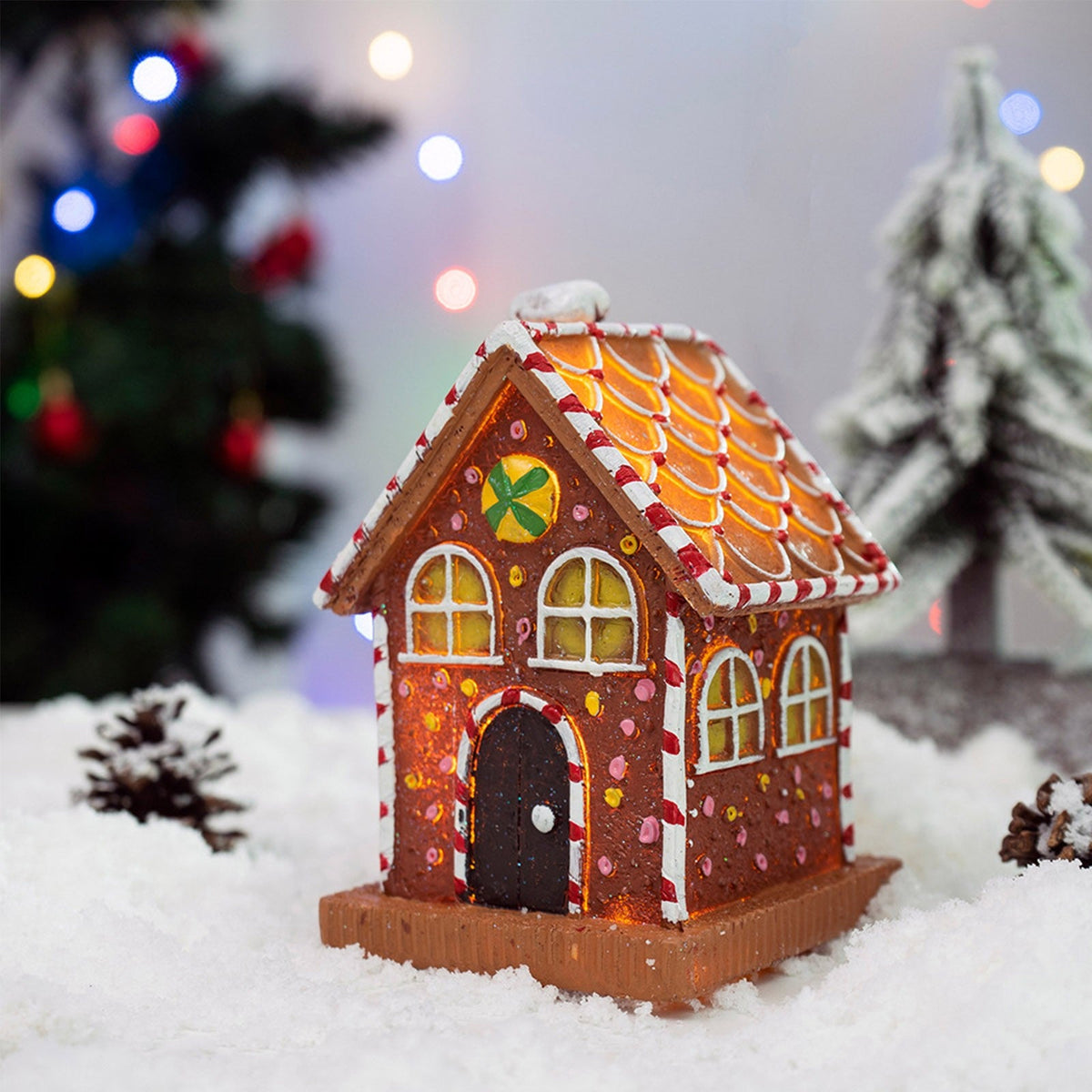 LED Gingerbread House Decoration – Glowing Resin Christmas Figurine for Tabletop Displays, Festive Atmosphere Indoor Holiday Arrangement Ornament