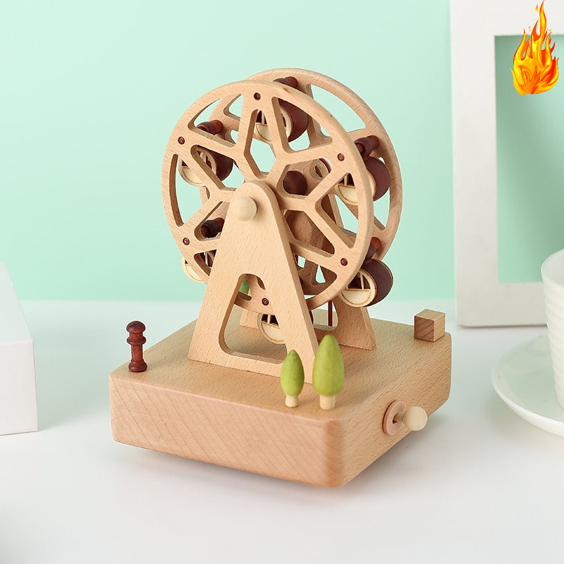 Ferris Wheel Wooden Music Box – Mini Beech Wood Handcrafted Musical Gift for Christmas, Birthdays, Valentine’s Day with Square Base Ornament Design