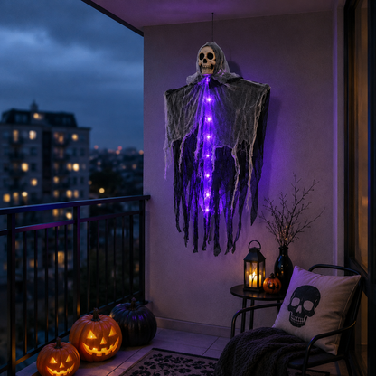 Lighted Hanging Ghost Decoration – Halloween Skull Skeleton Gauze Ornament for Gardens, Homes and Outdoor Party Scenes with Spooky Built-In Illumination