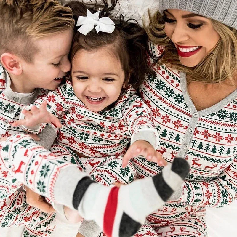 Christmas Family Matching Pajamas – Allover Print Two-Piece Sets for Parents and Kids with Baby Romper, Holiday Sleepwear Ensemble