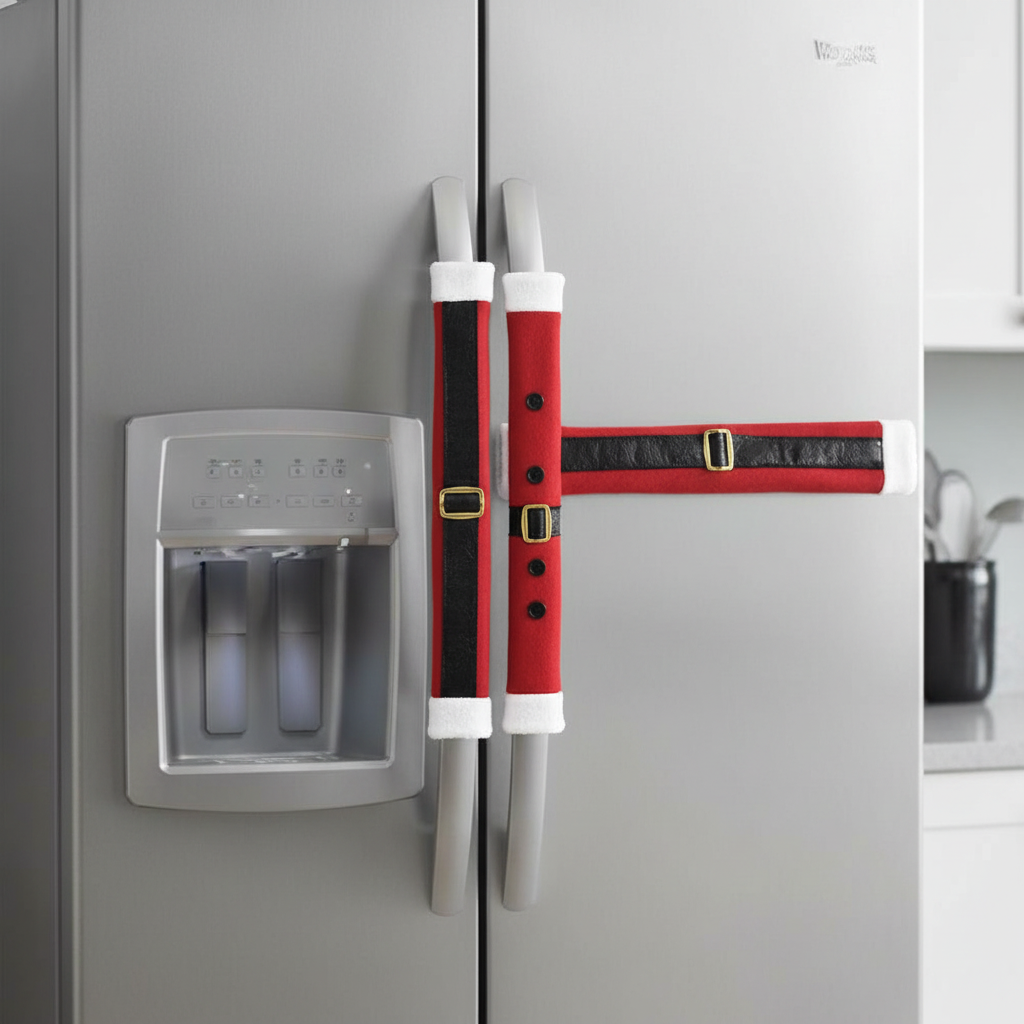 Christmas Handle Cover Set – Linen Embroidered Refrigerator and Microwave Door Protectors for Holiday Kitchen Decorations