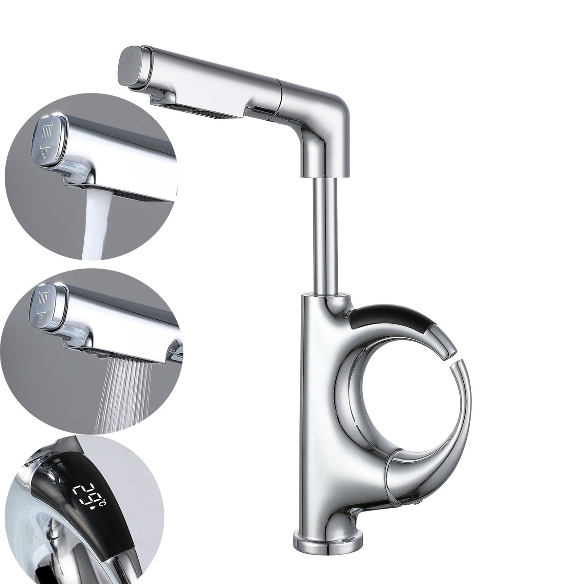 LED Temperature Display Kitchen Faucet – Mechanical Arm Mixer with Pull-Out Sprayer, Adjustable Height and Dual Water Modes for Modern Sinks