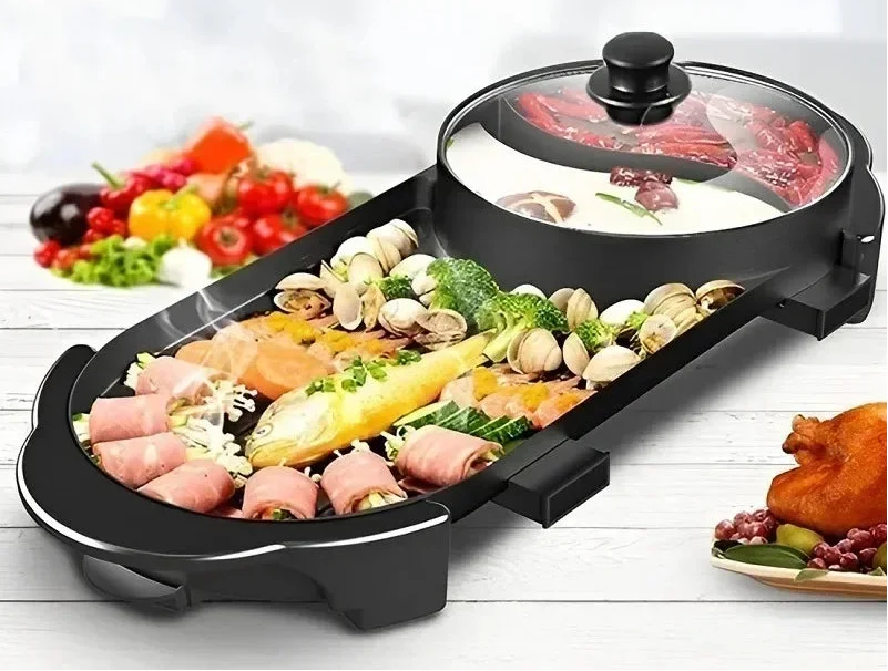Multifunction Electric Hot Pot Grill – 2200W 2-in-1 Smokeless Barbecue Cooker with Fast Heating and Independent Dual Temperature Controls for Home Dining