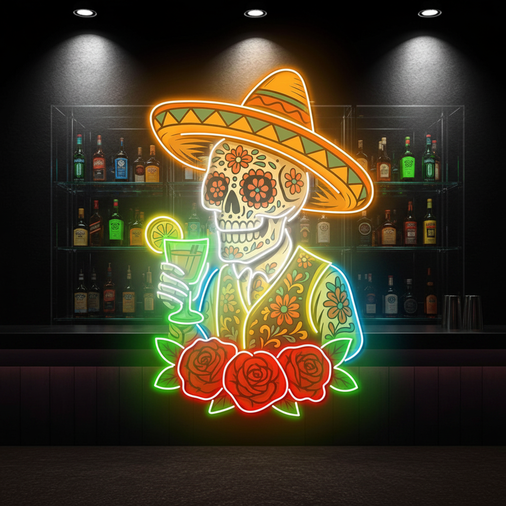 Mexican Skeleton Cocktail Neon Sign – Tequila Lounge and Bar Wall Decor for Martini Lovers, Parties and Bold Southwestern Nightlife Ambience