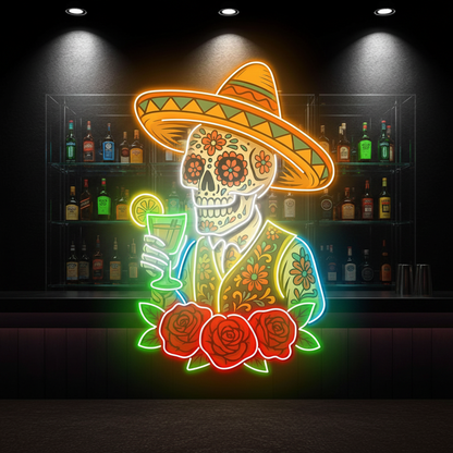 Mexican Skeleton Cocktail Neon Sign – Tequila Lounge and Bar Wall Decor for Martini Lovers, Parties and Bold Southwestern Nightlife Ambience