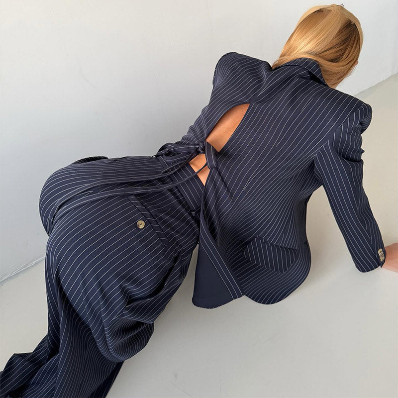 Pinstripe Blazer Pants Set – Backless Tie Waist Two Piece Office Suit with Wide Leg Trousers for Modern Business Fashion