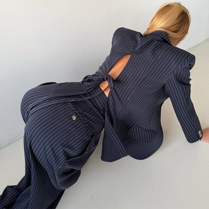 Pinstripe Blazer Pants Set – Backless Tie Waist Two Piece Office Suit with Wide Leg Trousers for Modern Business Fashion
