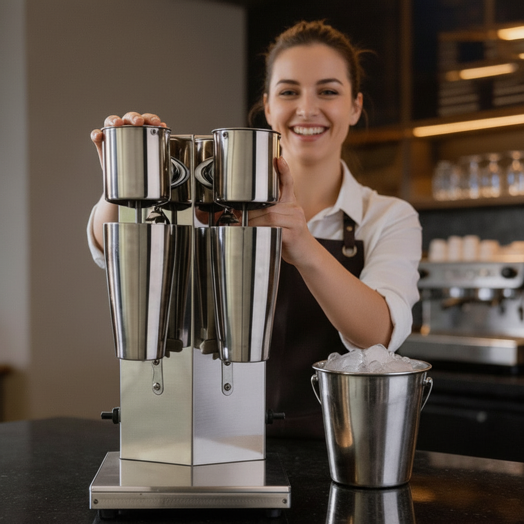 Double-Head Stainless Steel Milkshake Machine – Powerful Drink Mixer for Milk Foam, Smoothies, Bubble Tea and Café-Style Beverages at Home