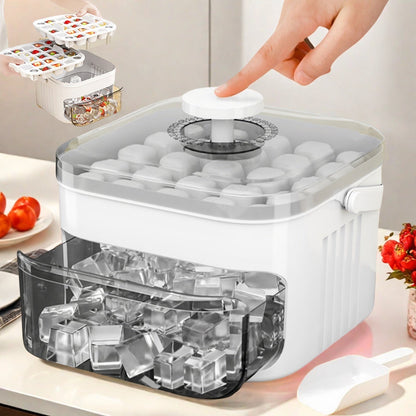 Double Layer Ice Cube Tray with Lid- Pull-Out Drawer with Handle for Easy Storage and Serving, Compact Kitchen Freezer Gadget