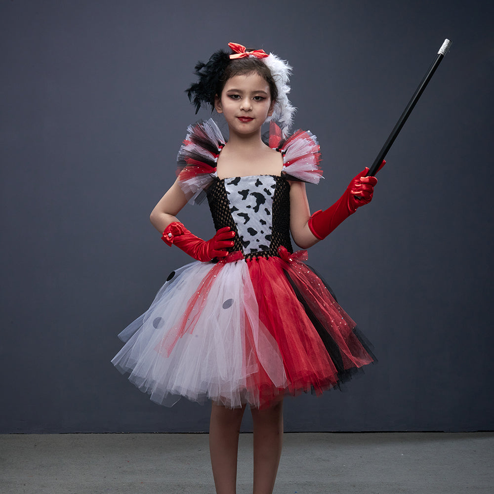 Cruella-Inspired Girls Tutu Dress – Black and White Villain Halloween Costume with Dalmatian Style for Kids, Fancy Dress and Cosplay Parties