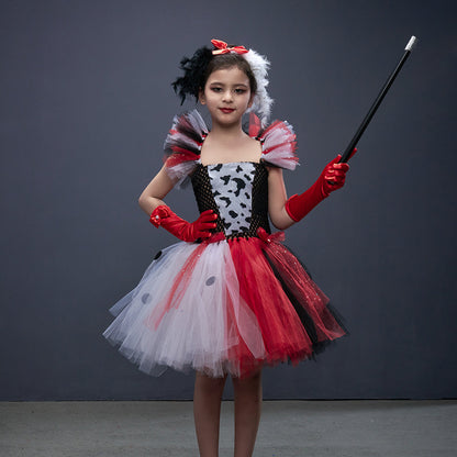 Cruella-Inspired Girls Tutu Dress – Black and White Villain Halloween Costume with Dalmatian Style for Kids, Fancy Dress and Cosplay Parties