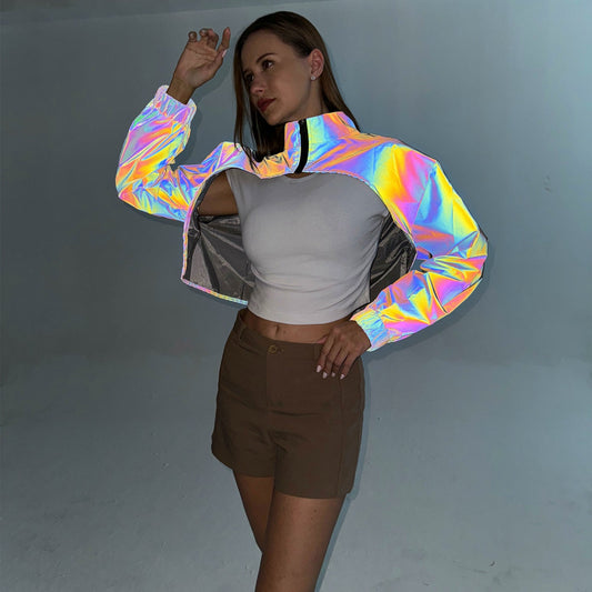 Women’s Reflective Techwear Cropped Jacket – Rainbow Light Reflective Punk Hip Hop Cloak for Streetwear Fashion and Night Cycling Style