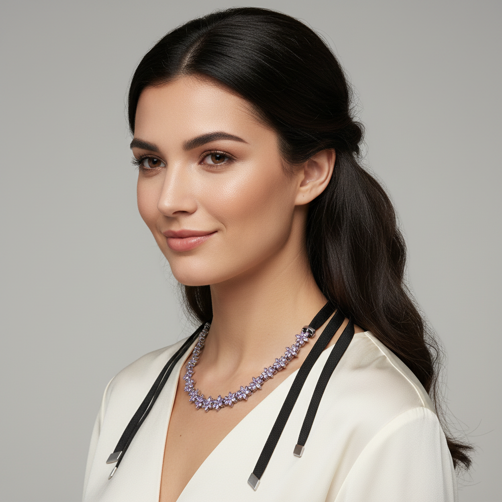 Silver Purple Bee Necklace – Sparkling Plant Specimen Pendant with Black Rope Wrap for Nature-Inspired Jewelry, Gifts and Elegant Everyday Styling