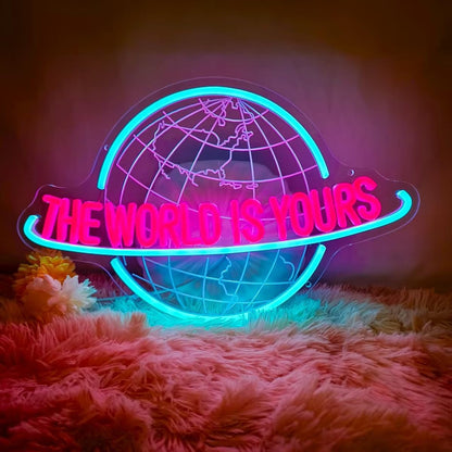 The World Is Yours Neon Sign – USB Planet LED Wall Light for Parties, Tiki Bars, Game Rooms and Bedroom Decor