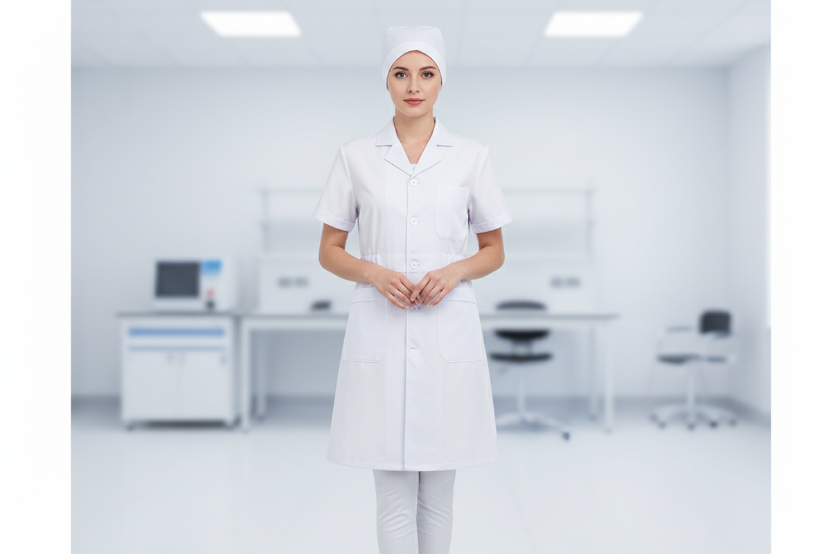 White Women’s Nurse Costume Set – Medical Lab Coat Dress with Cap and Pantyhose Halloween Cosplay Outfit